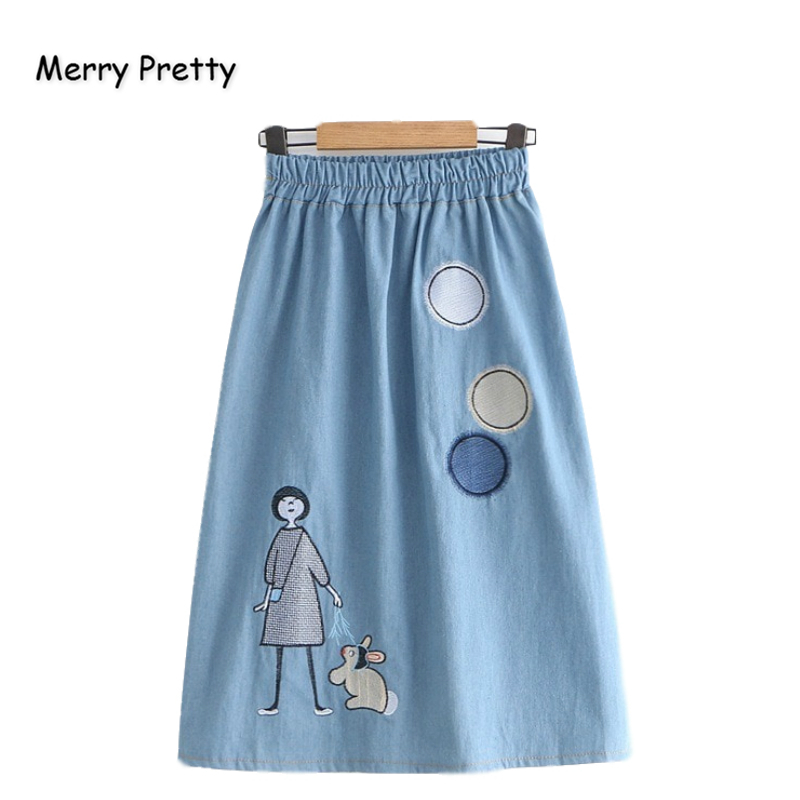 

Merry Pretty Denim Women's Cartoon Embroidery Denim Skirts 2020 Autumn Elasticity Waist A-Line Skirts Femme Girl Jeans Skirt, Blue