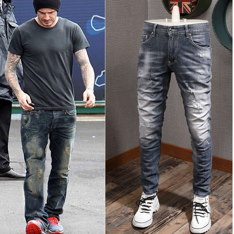 

Classic 5 Pockets Blue Jeans Man With Paint Spots And Stitch Detail 2020 Hot And New Cowboy, D2/8238