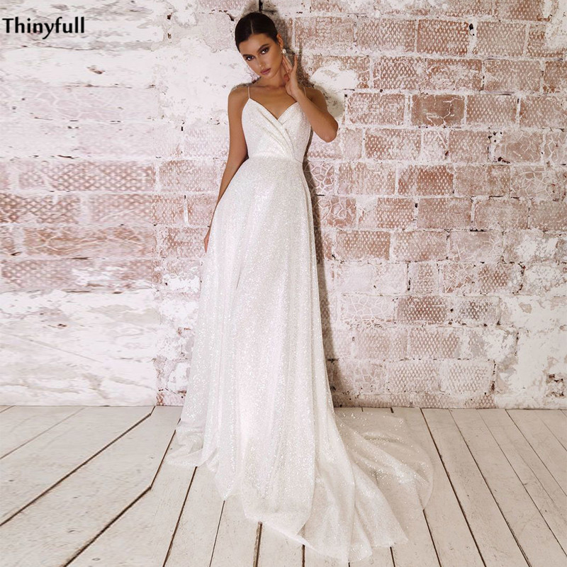 

Thinyfull Glitter Wedding Dresses Beach Spaghetti Straps Shiny Princess Bride Dress Boho Backless Wedding Party Gowns Vestidos, Custom color