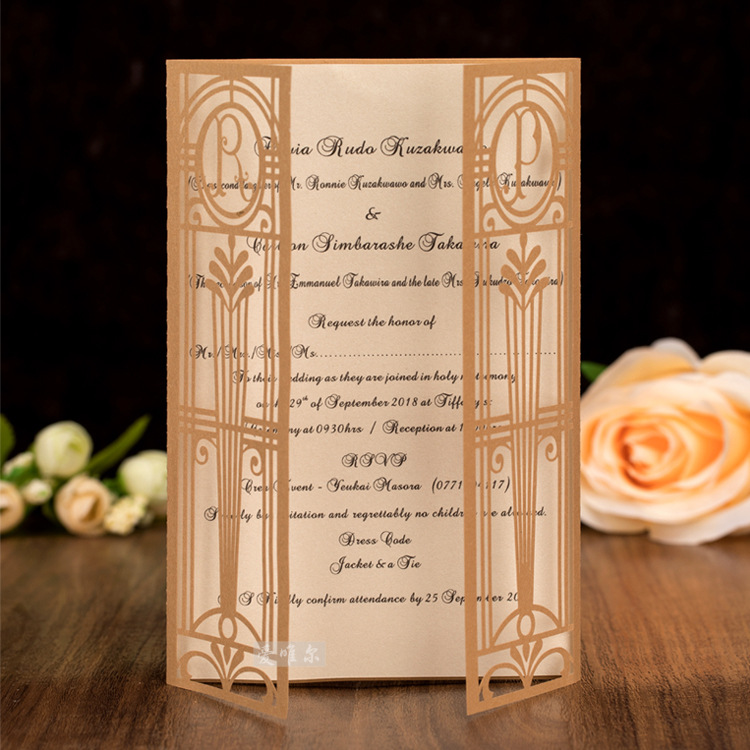 

50Pcs/lot Hot sell unique luxurious paper wedding invitation card with personalize logo chamagne gold color
