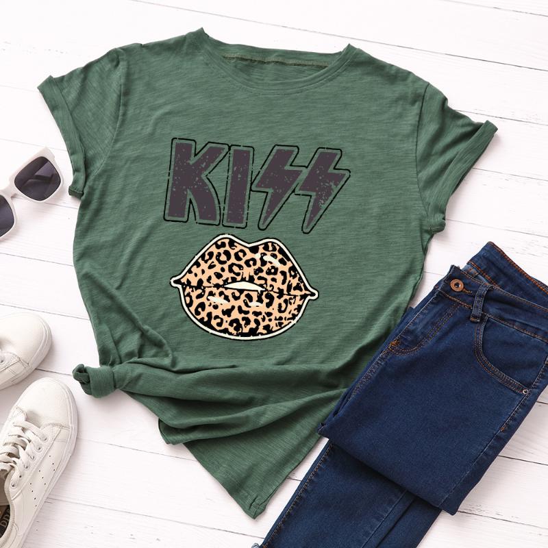 

Sexy Leopard Lips Graphic Basic Tees Shirts Femme Harajuku Oversized Short Sleeve T-shirt Kiss Letter Print Cotton Women Tshirt, No pattern