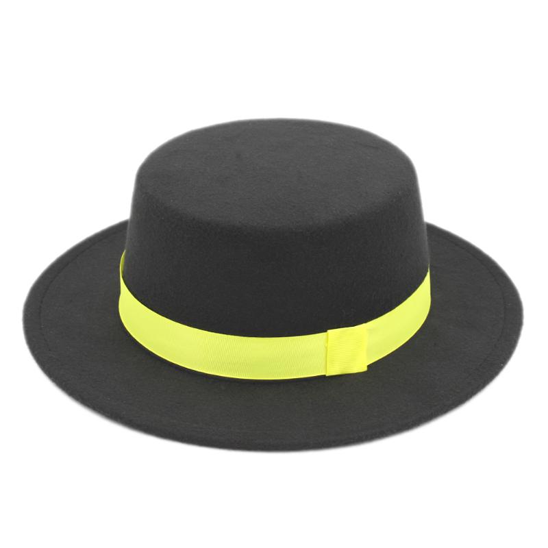 

Mistdawn Classic Unisex Boater Hat Sailor Pork Pie Cap Fedora Cap Top Hat Wool Blend Yellow Ribbon Band, Black