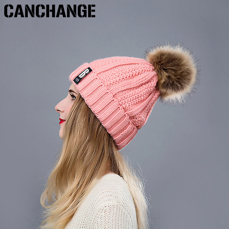 

CANCHANGE Fashion Women Winter Hat Pom Poms Skullies Beanies Winter Fashion Cotton Knitted Hat Charm Women Soft Beanies Caps, White