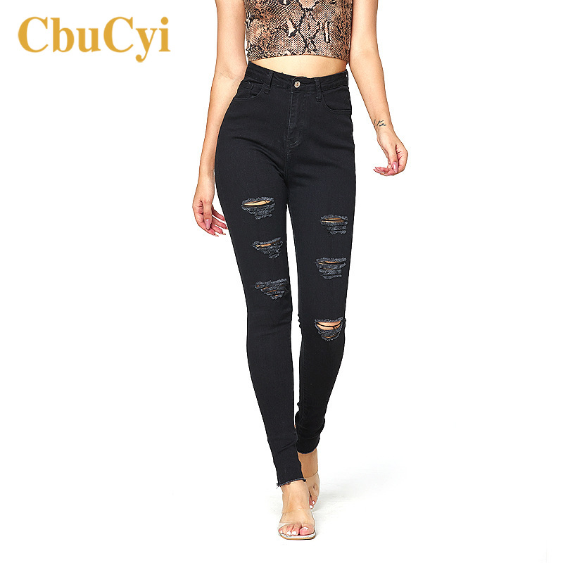 

Women High Waist Jeans Pants Black Cotton Hole Ripped Skinny Jeans for Women Clothing Casual Vintage Denim Pencil Pants Trousers