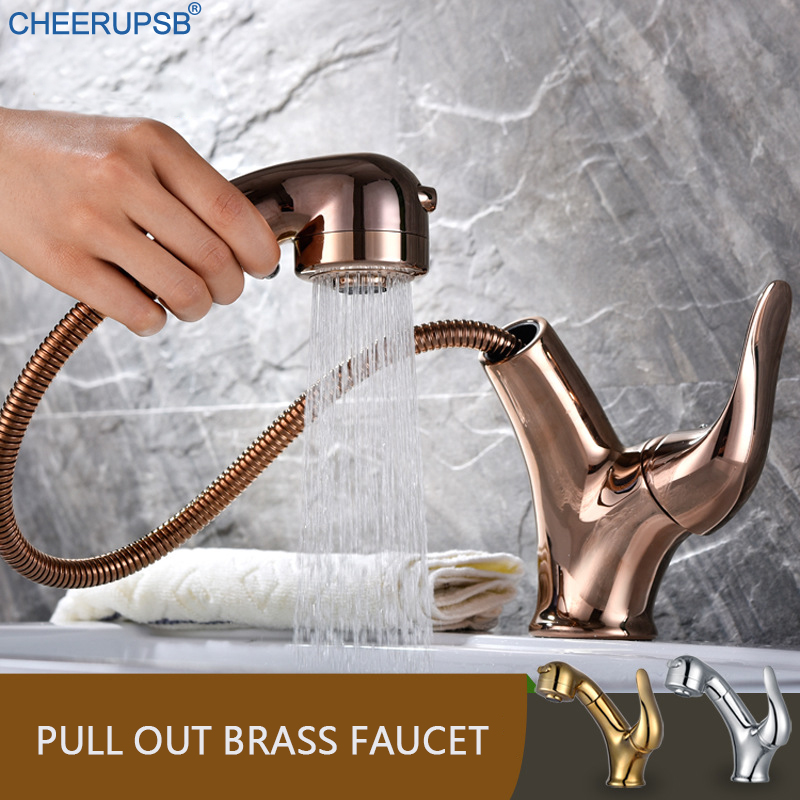 

Rose Gold Basin Faucet Bathroom Pull Out Brass Tap Deck Mount Hot Cold Water Mixer Faucet Single Hole Stream Shower Effluent Tap