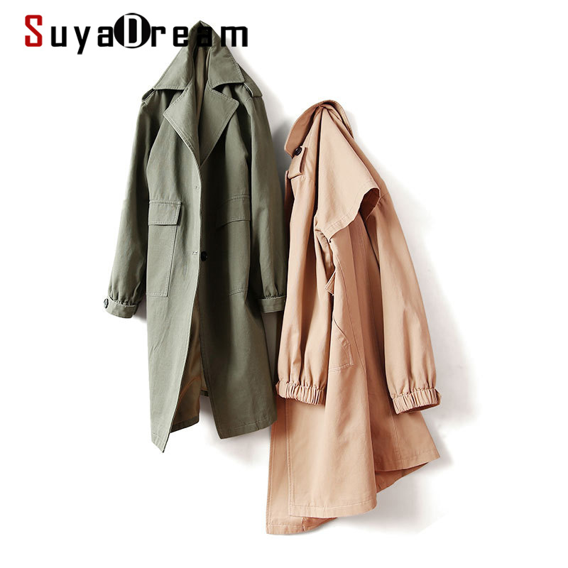

SuyaDream Woman Long Trenchs 100%Cotton Single Breasted Turn Down Collar Solid Trench coat 2020 Office Chic Autumn Winter Coat, Army green