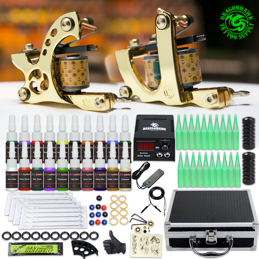 

Complete Tattoo Kit 2 Machines Inks LCD Power Supply Needles Tips Set D3026