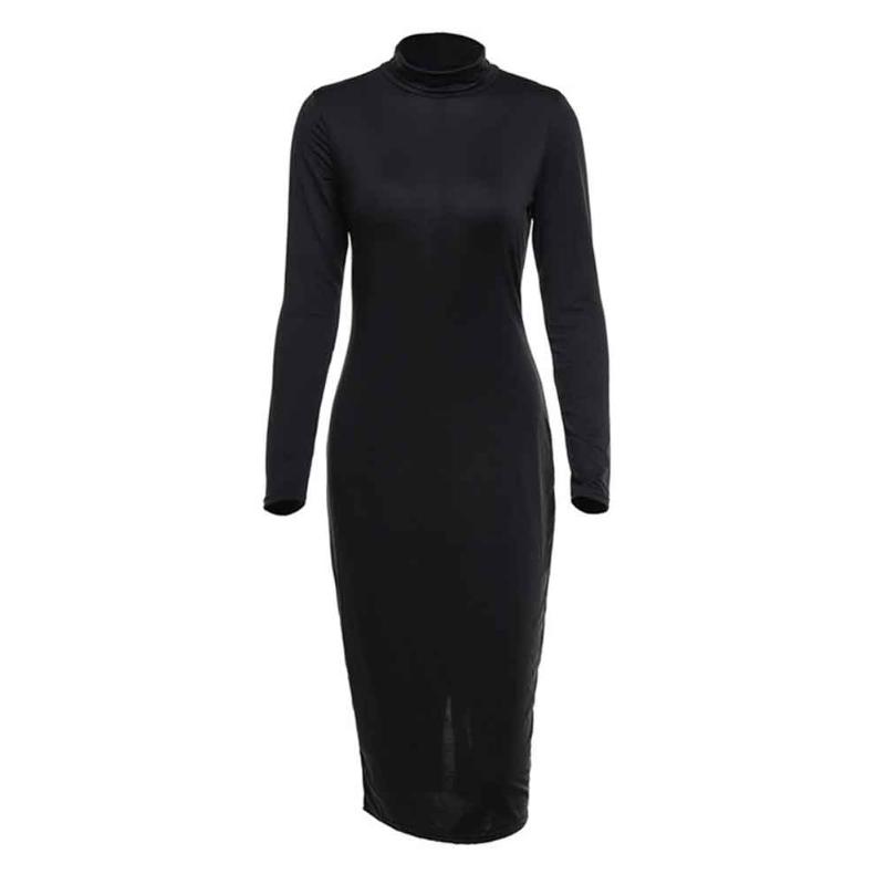

Daily Solid Long Sleeve Attractive Winter Party Charming Bodycon Slim Fit Elegant Women Dress Casual Shopping Turtle Neck, Black