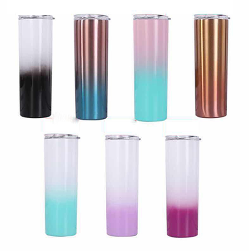 

20oz Gradient Skinny Tumbler Stainless Steel Tumblers Travel Mug Vacuum Insulated Beer Coffee Mugs with Lid and Straw IIA570, As pic