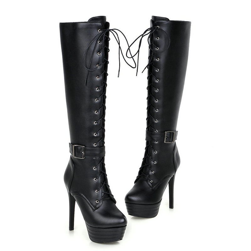 

2020 Fashion Knee High Boots Platform Women Boots Sexy Super High Heel Long Buckle Zipper Autumn Winter Plush Woman Shoes, Black