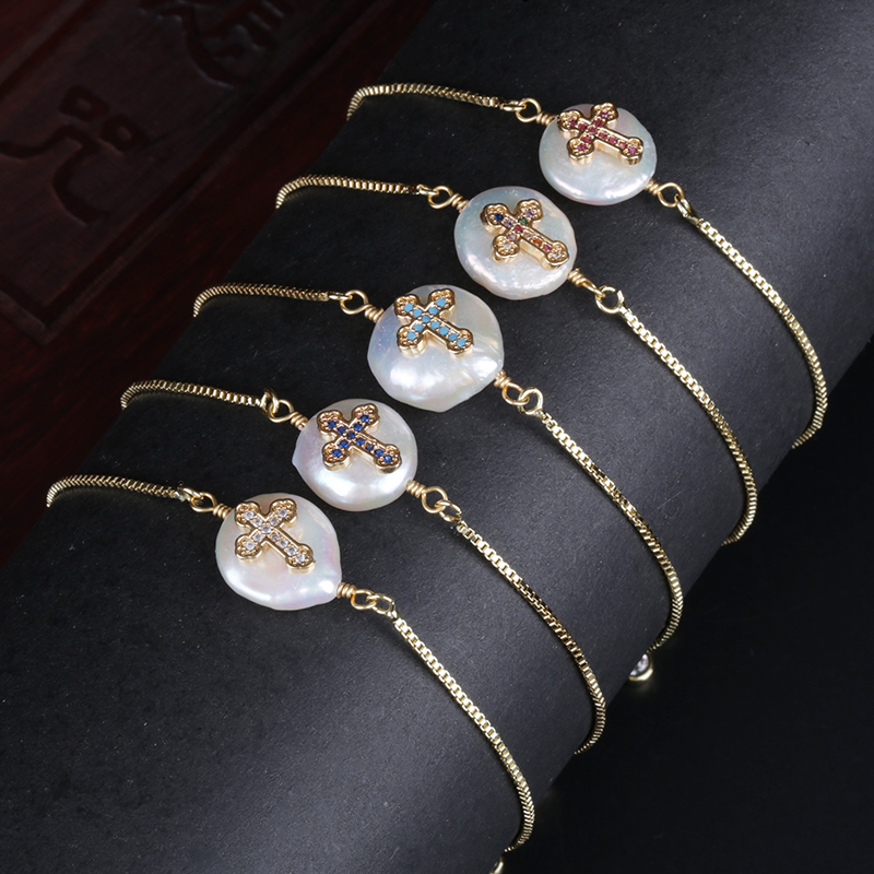 

multi colors cz tiny cross religious charm freshwater pearl bead charm dainty gold link bracelet for women wedding birthday gift