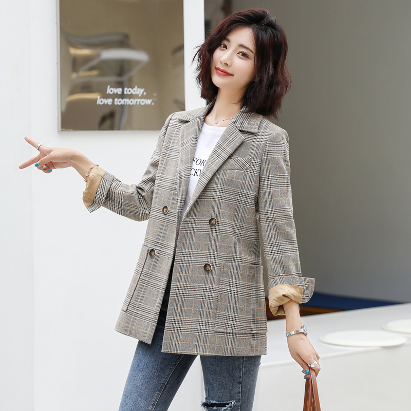 

Vintage Single Breasted Office Ladies Plaid Blazer Long Sleeve Loose Houndstooth Suit Coat Jacket Women Blazers Female 2020, As picture