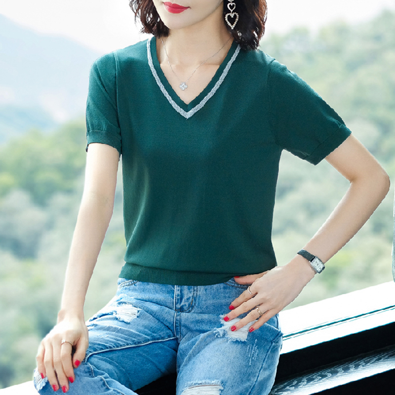 

Korea Knitted T-shirt Women Loose Tshirt 2020 Female Tee shirt summer casual V-neck Knit T shirt fashion splice Tshirts femme, Black