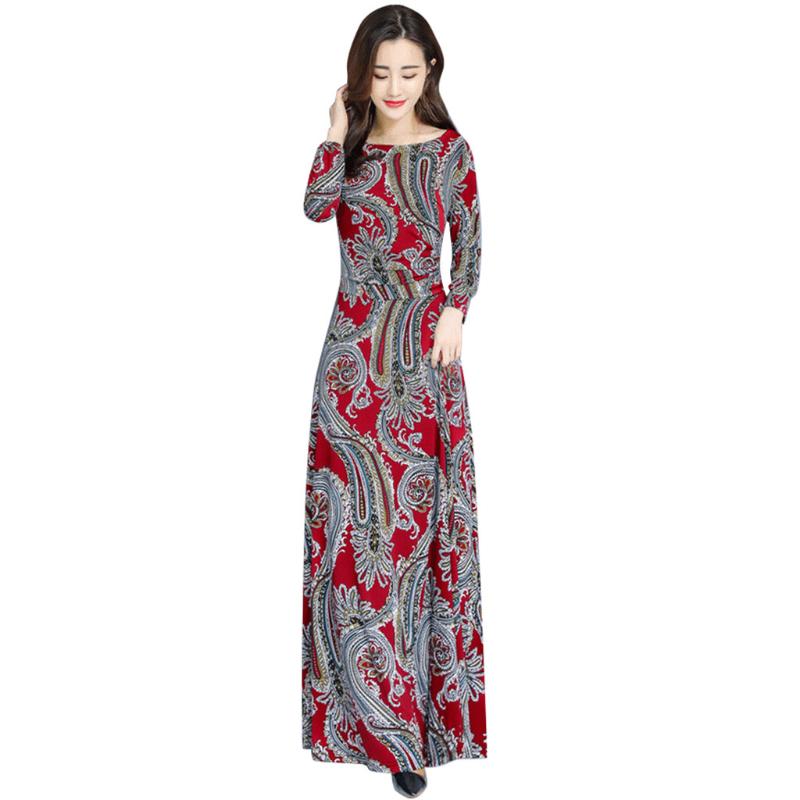 

Women Casual Autumn Winter Long Dress Vintage Retro Floral Printed O-neck Long Sleeve Dress Ladies Office Work Vestidos, As pic