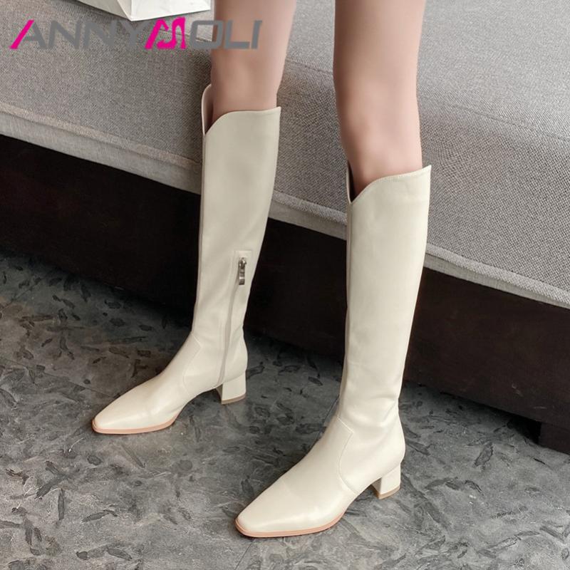 

Meotina Knee High Boots Women Shoes Real Leather High Heel Western Boots Pointed Toe Chunky Heel Zip Long Autumn Winter, Black synthetic lin