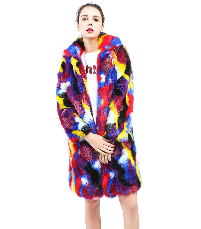 

Chic Fashion Women Winter Parka Fur Coat Multi Colored Lapel Long Faux Fur Trench Coat Jacket Overcoat Warm, As shown