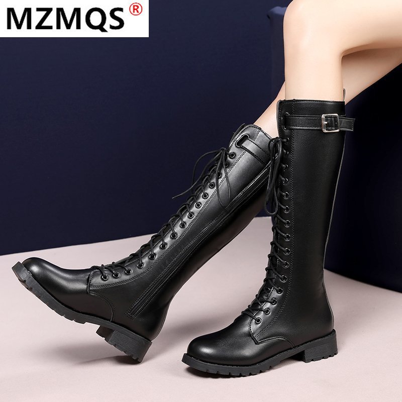 

Fashion Belt Buckle Strap Long Boots Winter Lace-Up Shoes Women Pure Color High-Heeled Women Knee-High Long Tube Zipper Boots, Black
