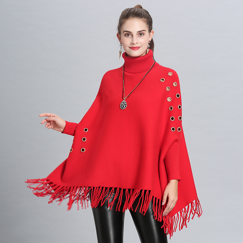 

2020 New Fashion winter warm Poncho for women/ladies Thicken Hollow Soft Solid shawls and wraps High Neckline Long Tassel
