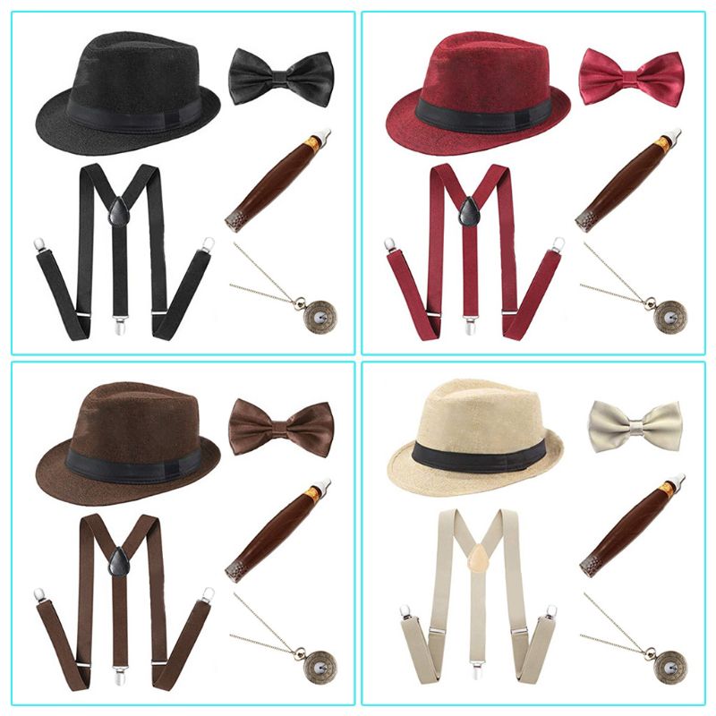 

1920s Mens Cosplay Costume Accessories Set Manhattan Hat Suspenders Pre-Tied Bow Tie Fake Plastic Pocket Watch
