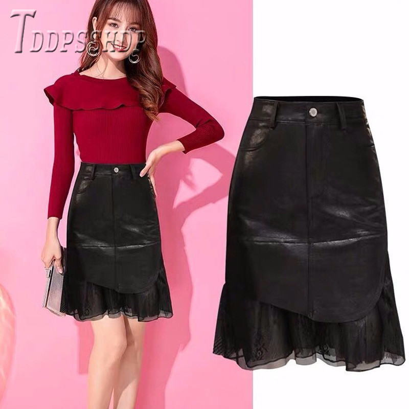 

2020 Autumn Winter High Waist Lace Patchwork Women Pu Leather Skirt Fashion Female Skirts