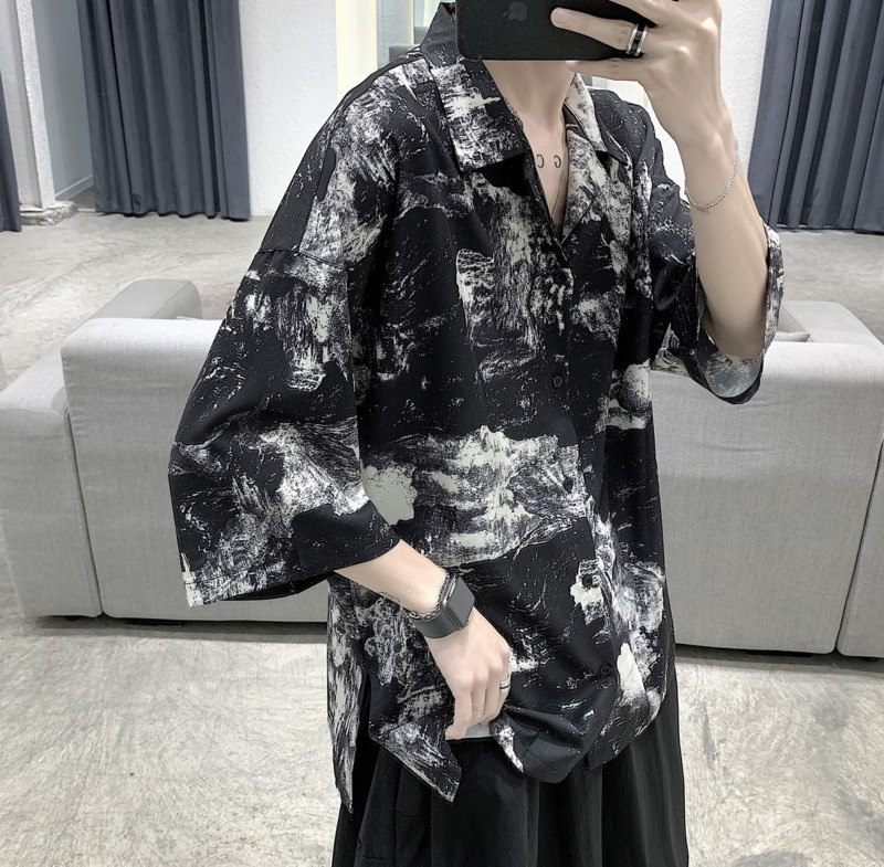 

2020 Summer New Youth Popular Men's Loose Tie-dye Seven-point Sleeve Shirt Fashion Casual Shirt Jacket Black / Grey -2XL