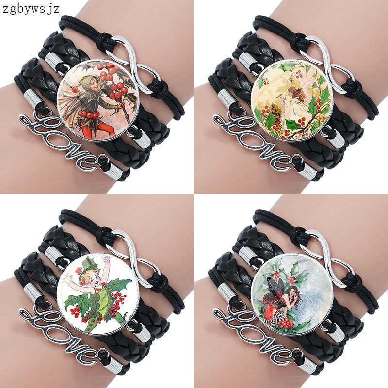 

Holly Fairy Bronze Color Glass Cabochon Round Multilayer Black Leather Bracelet Bangle Jewelry Gifts