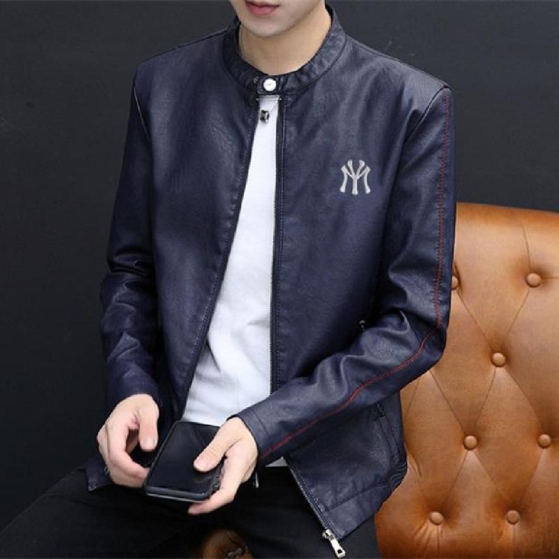 

New PU leather jacket spring and autumn slim fashion trend small stand collar jacket men handsome motorcycle PU leather, Black