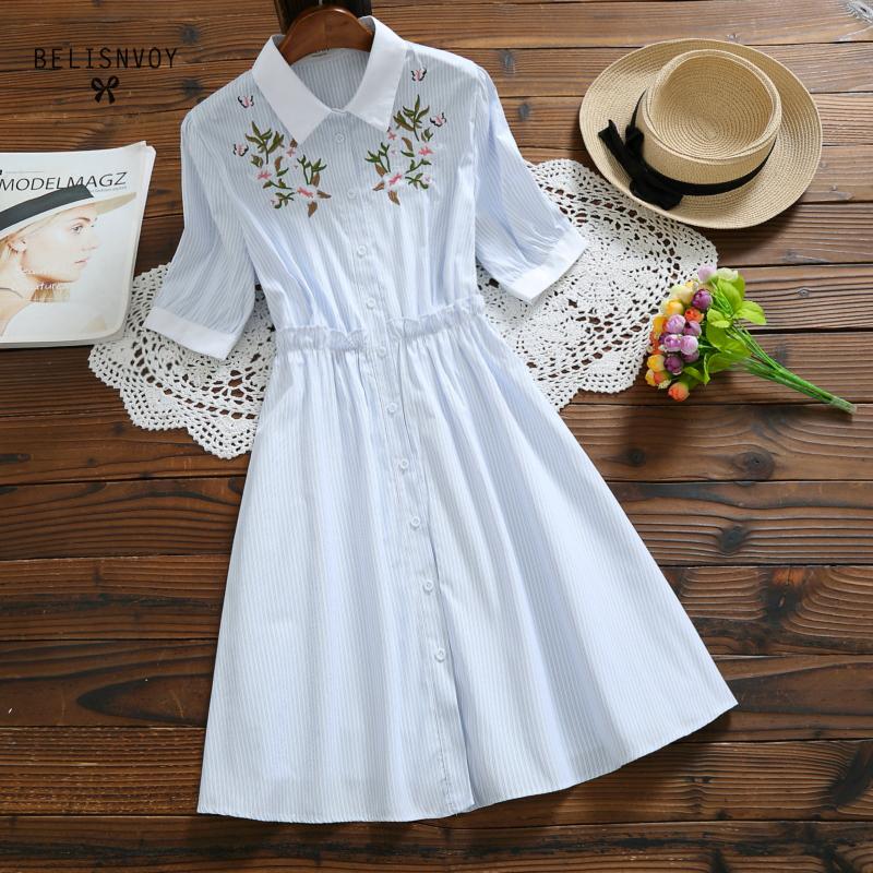 

Mori Girl Summer Women Floral Embroidery Dress Striped Cute Turn-down Collar Female Elbise Short Sleeve Cotton Linen Vestidos, Black