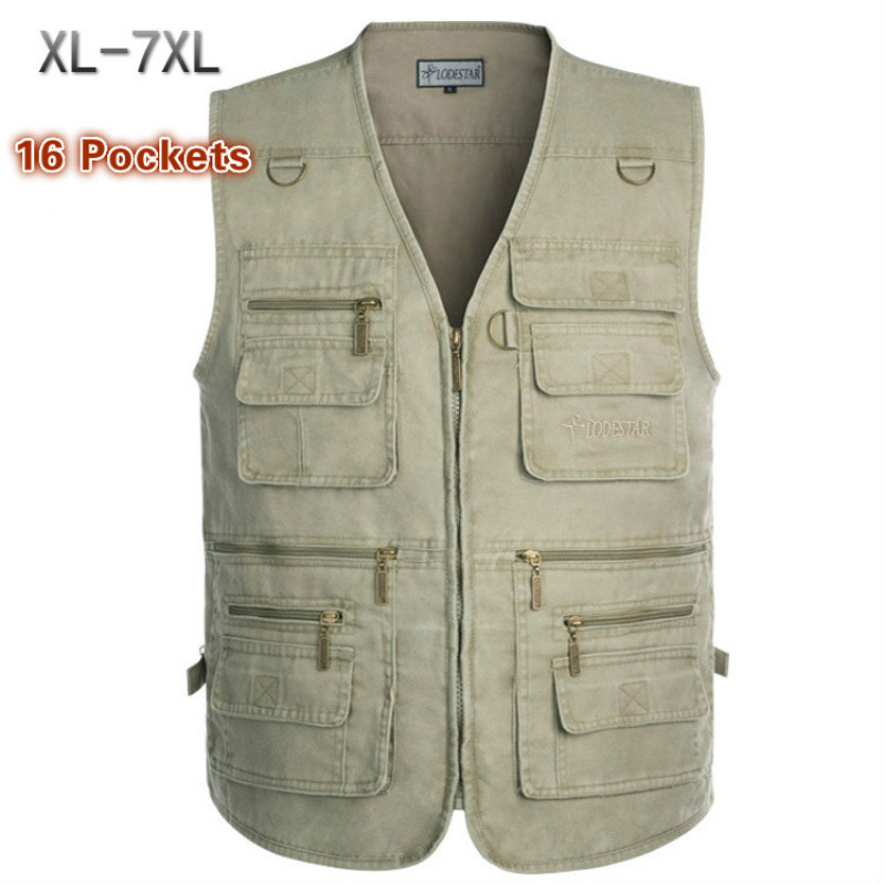 

16 Pockets Plus Size 7XL Men's Multi-pocket Vest Outdoor Hiking Fishing Photography Vest Loose Cotton Breathable Waistcoat Man, Cotton black