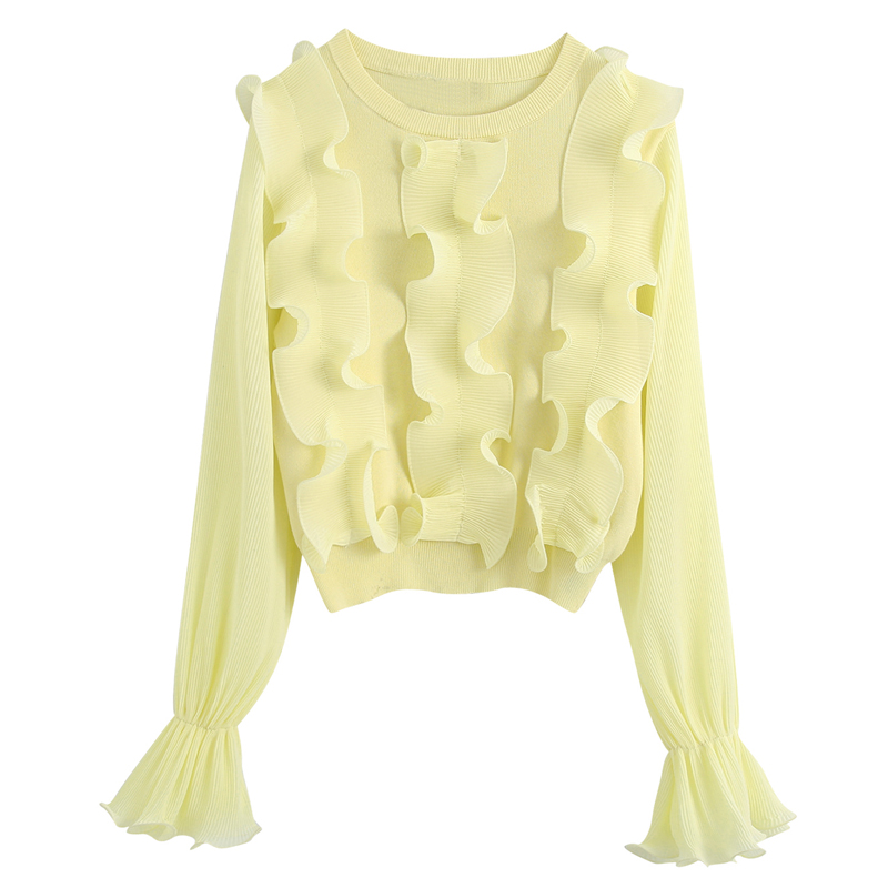 

ZOEPO O Neck Yellow Sweaters Women Fashion Cascading Ruffles Sweater Women Elegant Short Sweaters Female Ladies HT, Bbsw2745