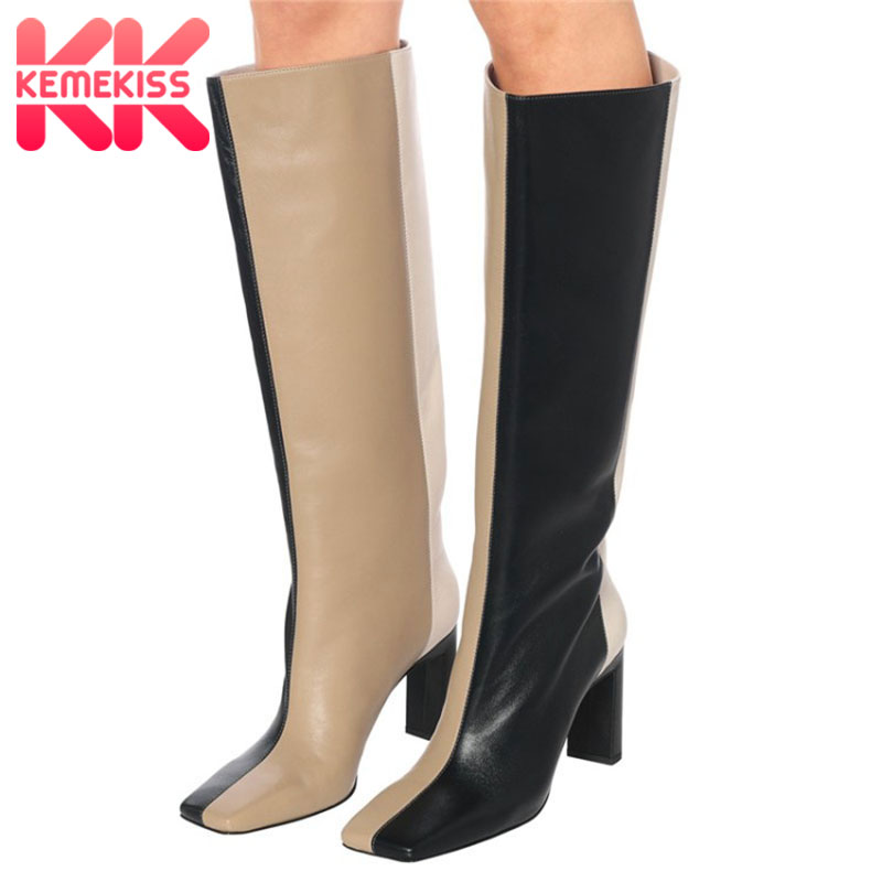 

KemeKiss Women Knee Boots Fashion Square Toe High Heel Winter Shoes Woman Mixed Color Long Boot Sexy Party Footwear Size 35-43, Black