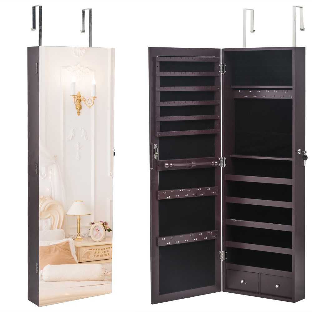 

WACO Jewelry Armoire Display Mirror, Bedroom Furniture Wall Hanging Necklace Hooks, Jewelries Organizer Storage Rack Shelf Dressers Cabinet Dark Brown