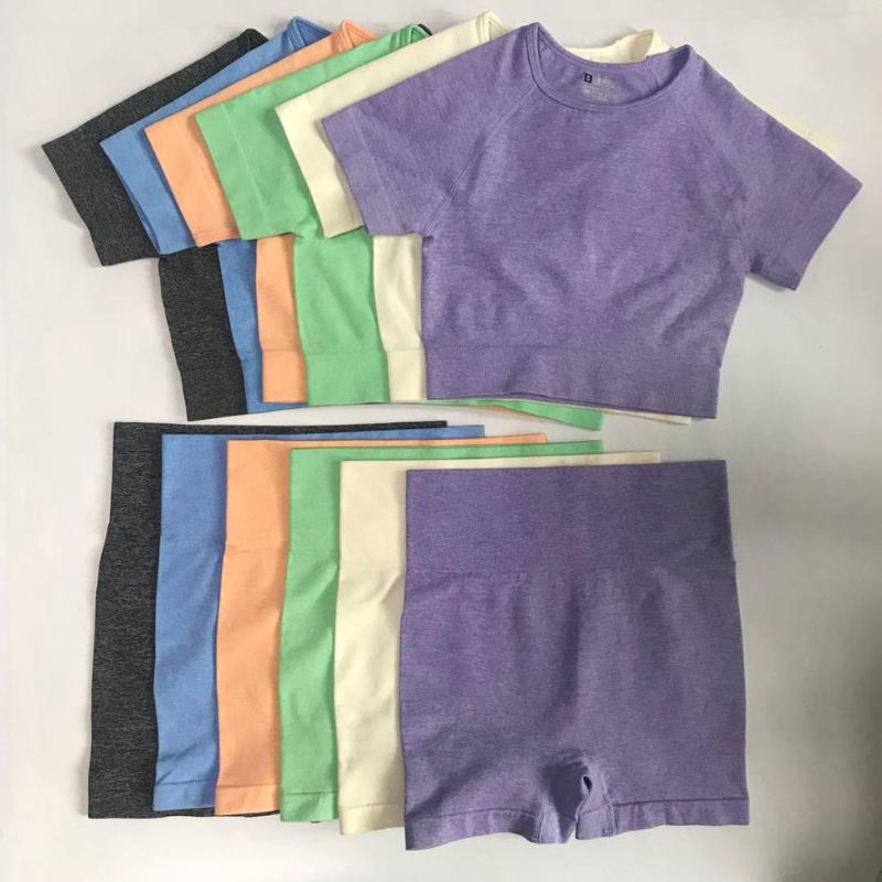

2pcs/set Solid Summer Women Seamless Yoga Set Fitness Short Sleeve Crop Top Shirts Running Shorts Workout Clothes Women Gym Set, White set