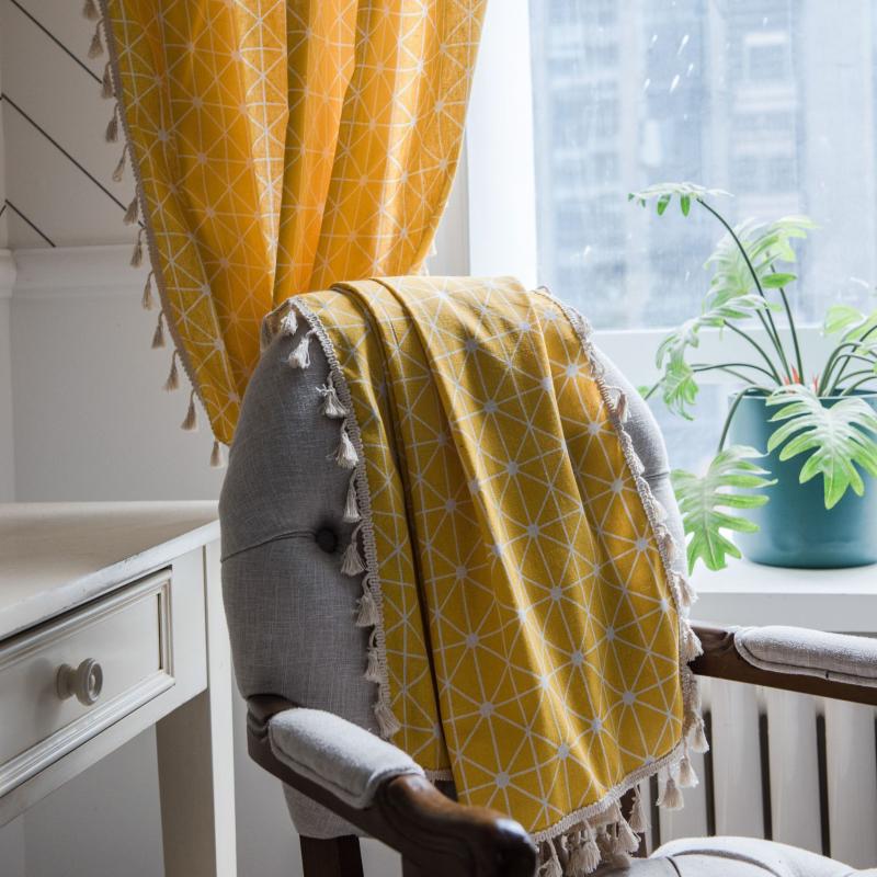

Yellow Plaid Tassel Curtains American Style Window Drapes Cotton Linen Kitchen Curtain Country Style Window Decor Living Room
