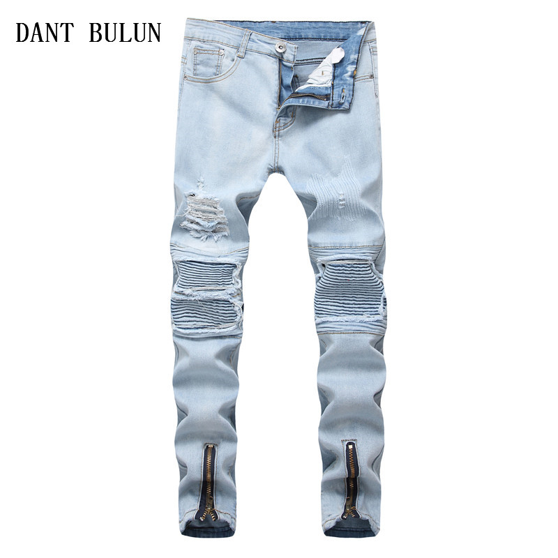 

2020 Slim Fit Skinny Ripped Jeans Men Hi-Street Mens Distressed Zipper Denim Joggers Knee Holes WashedPants, 1811
