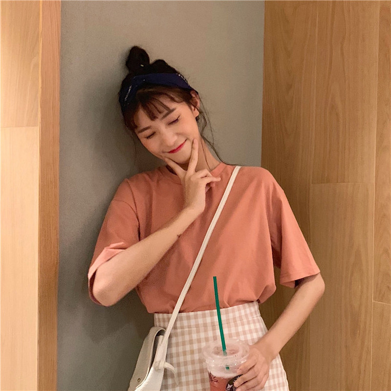 

T Shirt 2020 Summer New Korean Loose Short-sleeved White T-shirts Women Wear Simple Solid Color Clothes Casual All-match Tees, Black