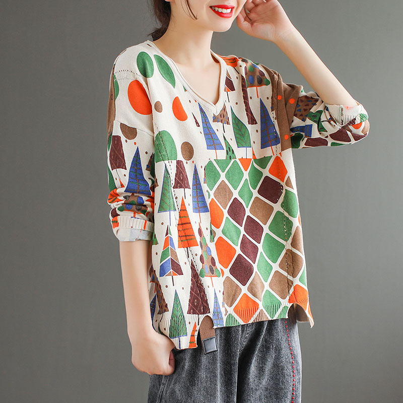 

NINI WONDERLAND New 2020 Autumn Printed Sweater Women V Neck Long Sleeve Loose Pullovers Tops Spring Print Vintage Knit Sweaters, Beige