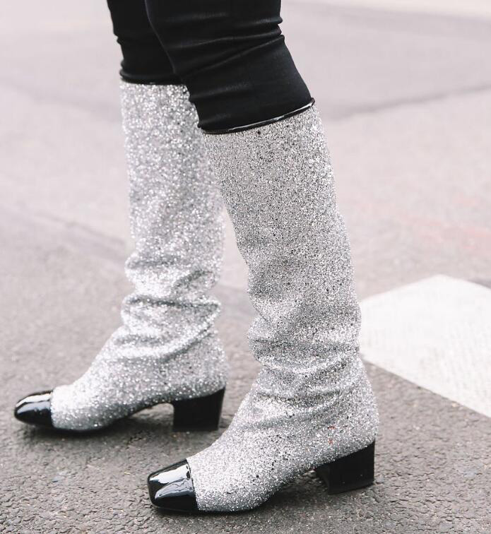 

New Fashion Silver Glitter Women Patent Leather Square Toe Boots Bling Sequined Ladies Knight Boots Mixed Colors Knee High, As picture