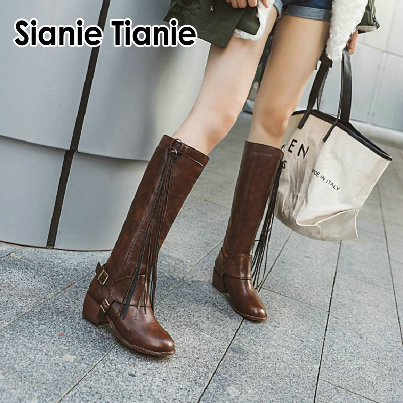 

Sianie Tianie 2020 winter cool punk riding equestrian boots womens western cowgirl cowboy knee high boots with tassels fringes, Black