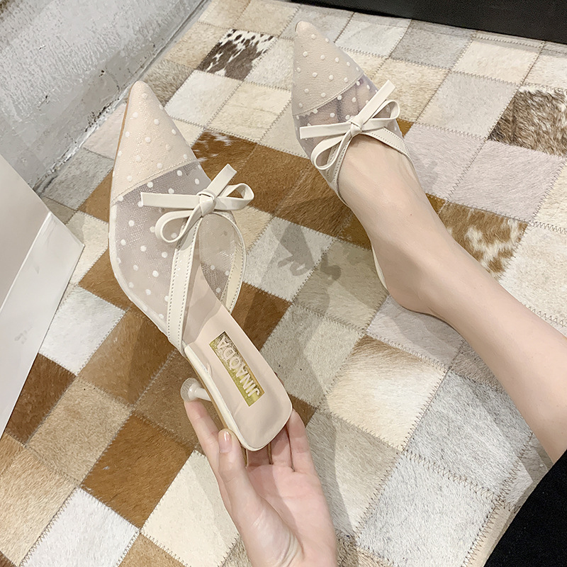 

Slippers Womens Summer Wear 2020 New Style Slipper Bow Net Red Wave Point Pointed Thin Heeled Fashion High Heels women slippers, Black