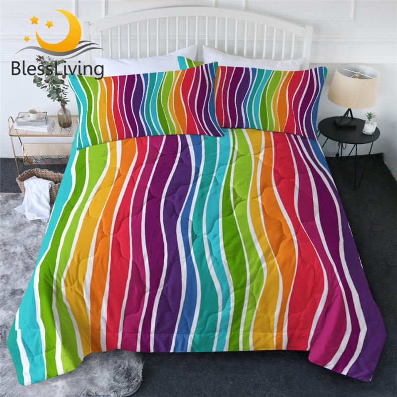 

BlessLiving Rainbow Bedding Queen Striped Summer Duvet Colorful Quilt Set Waves Air-conditioning Comforter Bed Cover 3-Piece, 001