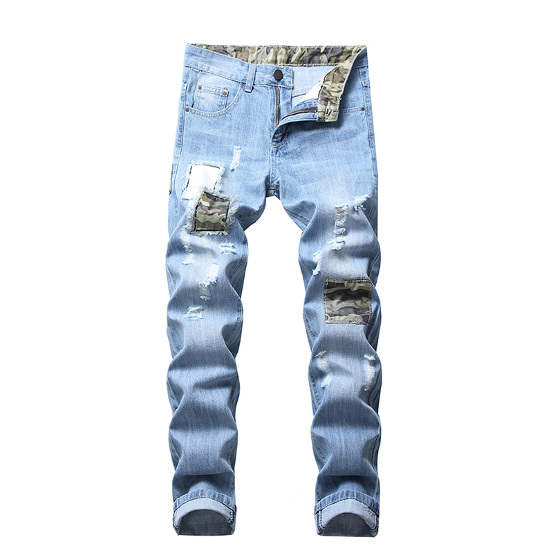 

Denim trousers ruined denim jeans plus size -42 men's fashion retro ripped jeans skinny slim zipper dropship, Light blue