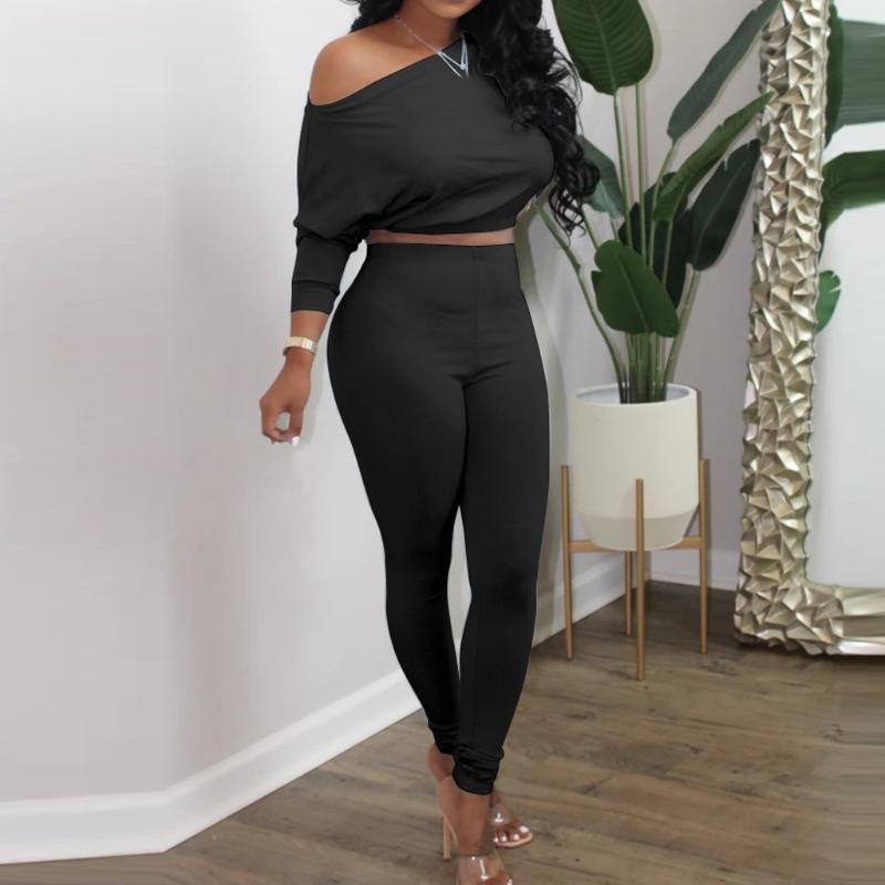 

Women Solid Color Tracksuit Sets Lady 2020 Summer Sexy Off Shoulder 2pcs Set Elegant Blouse+elastic Waist Long Pants Sets #3, Black