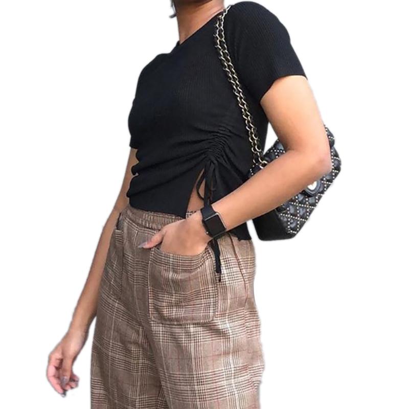 

Women Solid Color Crop Top Fashion Lace-up Gathering T-shirt Summer Casual Style Clothes, Black