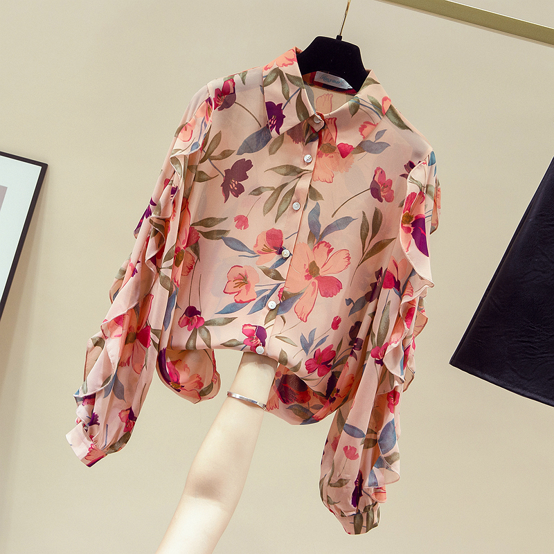 

2020 Autumn Women' Turn Down Collar Ruffles Long Sleeves Floral Chiffon Shirt Ladies Female All-match Shirts Blouse Tops A3715, As pic