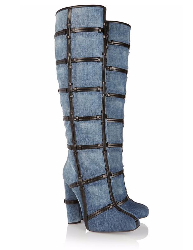 

Lucky2020 Knee-high Denim Women's Single Boots High Thick Heel Cross Knot Leather Decorative Handmade, Blue