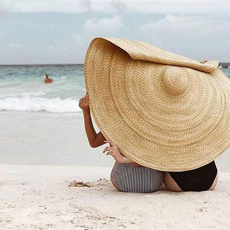 

80cm Oversized Collapsible Sunshade Beach Hat Woman Large Sun Hat Beach Protection Foldable Straw Cap Cover, Black