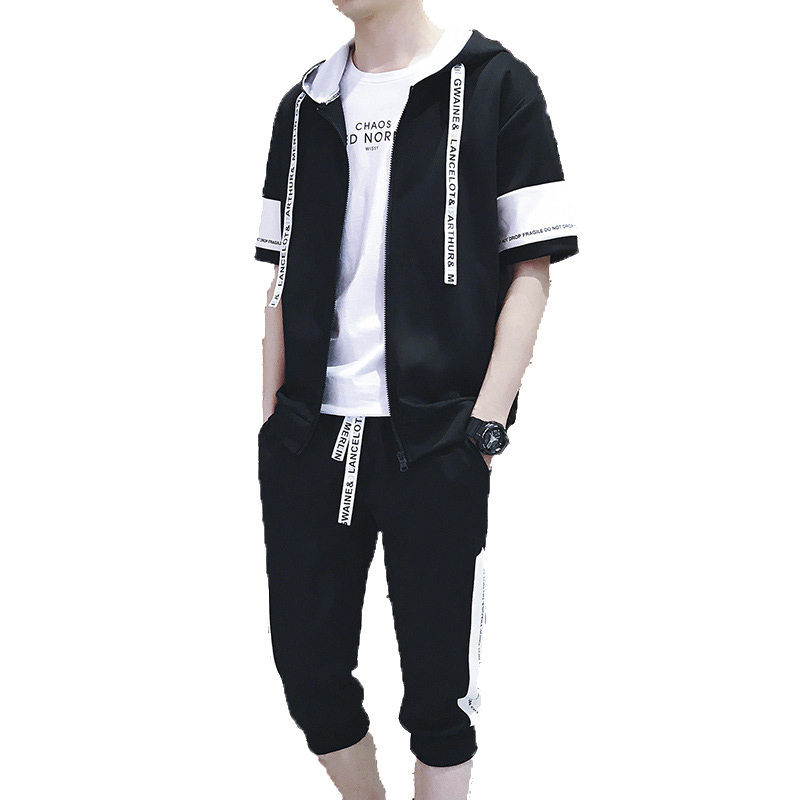 

Men Sweatsuit Set Short Sleeve Sporting Suit Hooded Sweatshirt+Shorts Tracksuit 2PC For Men Sportswear, Black