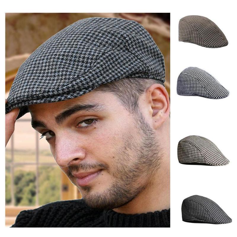 

Black Grey Herringbone Newsboy Baker Boy Tweed Flat Cap Mens Gatsby Hat Designer