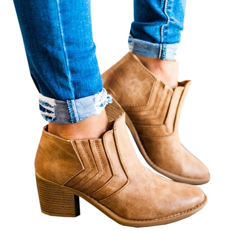 

New 2020 Women Ankle Boots Block High Heels Botas Zapatos Mujer Retro Leather Winter Shoes Woman Plus Size Booties Cowboy Boots, Black